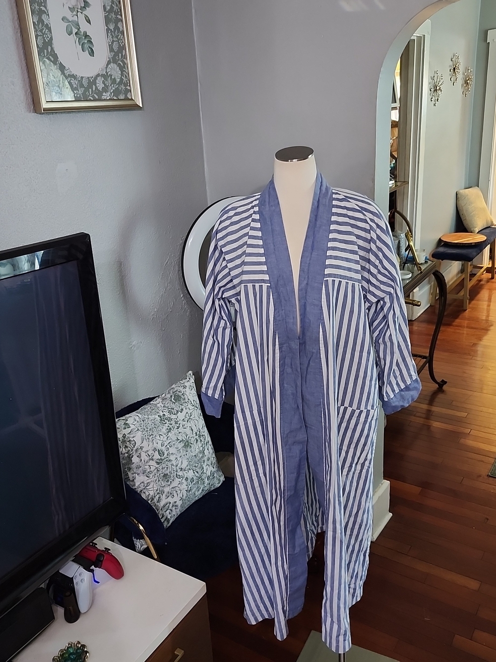 Christian Dior Blue Pinstripe Long Robe/ Duster Coat Cardigan No Belt O/S Cotton - Picture 2 of 11